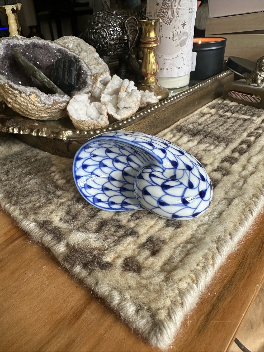 Andrea By Sadek Blue and White Porcelain Nautilus Accent seashell